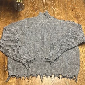 Boutique distressed gray cold shoulder sweater
